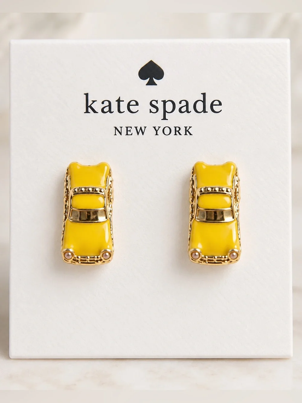Kate Spade Hit the City Yellow Taxi Car Stud Earrings Gold Tone